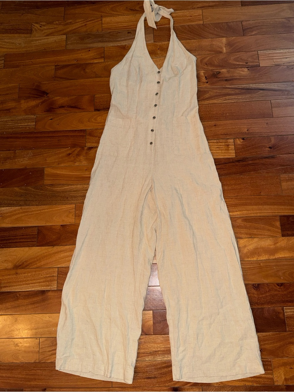 Women’s Cream Halter Linen Button-Front Jumpsuit